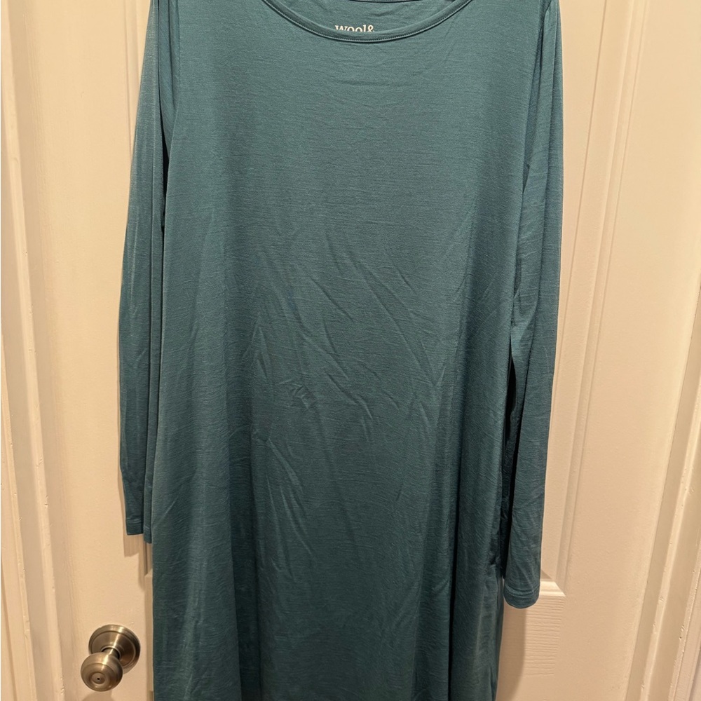 Elegant Merino Wool Teal Long Sleeve Dress